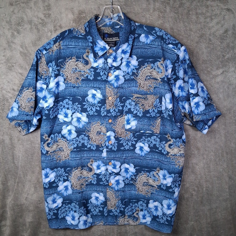 XG Island Tropics Shirt Mens Large Blue Dragon Floral AOP Short Sleeve Casual